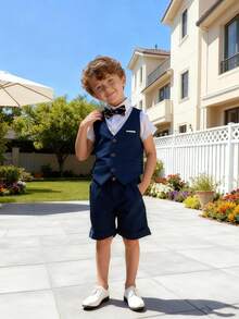 男童夏季三件套服装：背心+短裤+领结 - 藏蓝色 - 查看 3