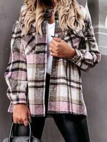 Women's Casual Long Sleeve Plaid Buttoned Pocket Shirt Jacket Tops, Spring & Autumn - Baby Pink - View 5