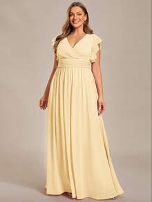 EVERPRETTY V-Neck Solid High Waist Pleated Yellow Bridesmaid Dress, Wedding Party Guest Dress, Spring/Summer - Yellow - View 7