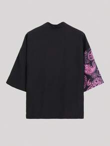 男士佩斯利花纹日式文字宽松七分袖休闲和服式上衣