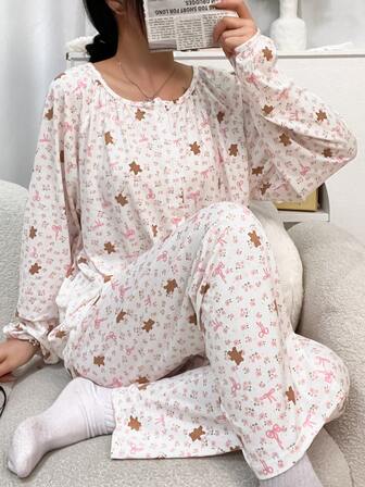 2pcs Women Pajama Set, Cute Bear & Floral Butterfly Print Long Sleeve Cardigan Top And Pants, Comfortable Fabric, Suitable For Home Leisure, Spring/Autumn/Winter