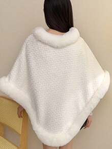 1pc Knitted Textured Women Hooded Poncho Shawl, Soft Faux Rabbit Fur Collar, Loose Fit Autumn/Winter Outerwear Cape For Dress - 灰色 - 查看 4
