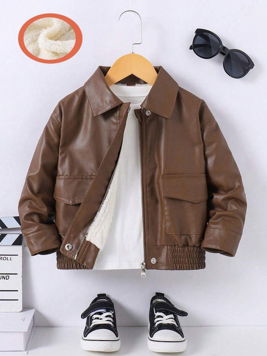 Girls' Fashion PU Leather Lapel Long Sleeve Jacket, Versatile New Retro PU Leather Coat, Autumn/Winter Thermal Lined Thick Outerwear