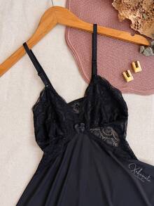 Sexy Lace Nightgown With Backless Detail, Ruffled Train, Slit, No Padding, Sleep Dress, Lingerie, Nightwear Line - 黑色 - 查看 6
