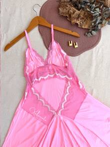 Sexy Lace Nightgown With Backless Detail, Ruffled Train, Slit, No Padding, Sleep Dress, Lingerie, Nightwear Line - 粉色 - 查看 2