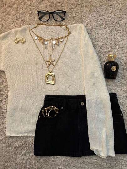 Mejors Women Spring/Summer New Solid Color Loose Knit Sweater, Boat Neck Minimalist Pullover, Street Style For Back To School, Vacation, Date, Beach Travel