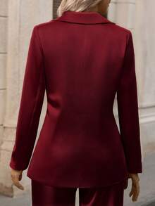 女士优雅酒红色纯色缎面翻领单排扣收腰商务西装外套，春秋季 - 酒紅色 - 查看 4