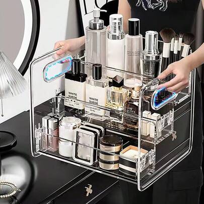 1个透明桌面收纳盒，三层化妆品收纳展示盒，适用于化妆品、护肤品、香水等，可作女友礼物或房间装饰。