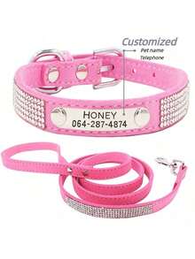 Personalized Dog Collar Set With Engraved Nameplate And Leash, Diamond Studded Collar, Suitable For Large, Medium, And Small Dogs, Customized Pet Collar, Engraved With Pet Name And Relevant Information, To Prevent Dogs From Getting Lost. - Pink-collar+Leash Set - View 15
