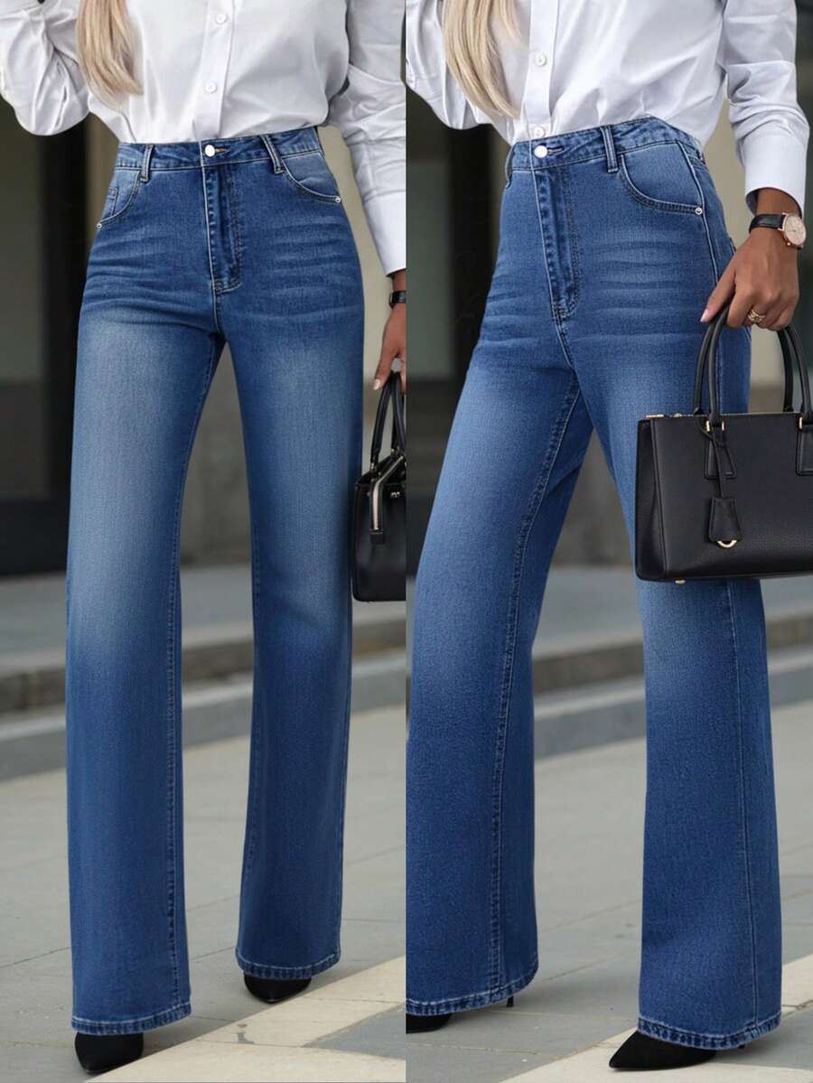 Quần jeans ống đứng nữ phối màu chuyển sắc có túi, kiểu dáng thường ngày, thích hợp cho mùa xuân. - Màu xanh lam - Xem 1