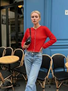 Women's Autumn Fashion Red Long-Sleeved Short Knitted Cardigan, With Color-Matching Lacework Design, Sweet Top, Suitable For Daily And School Wear. - Red - View 2