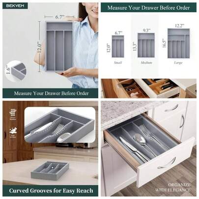 Small Silverware Organizer, Kitchen Drawer Organizer, Utensil Holder, Cutlery Tray Spoon Flatware Storage With Grooved Drawer Dividers