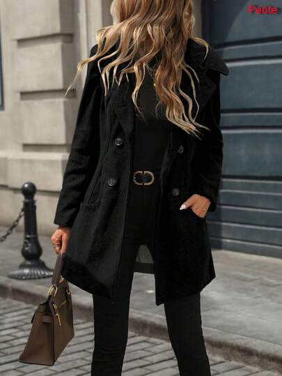 Petite Women's Solid Color Hooded Double-Breasted Straight Midi Business Casual Office Jacket, Autumn/Winter