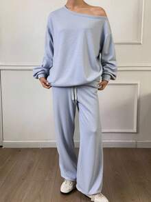 Livesso Women Oblique Shoulder Long Sleeve Sweatshirt & High Waist Drawstring Wide Leg Casual Pants Two Pieces Set, Early Autumn,Fall Women Clothes Lounge Sets For Women - Grey - View 1