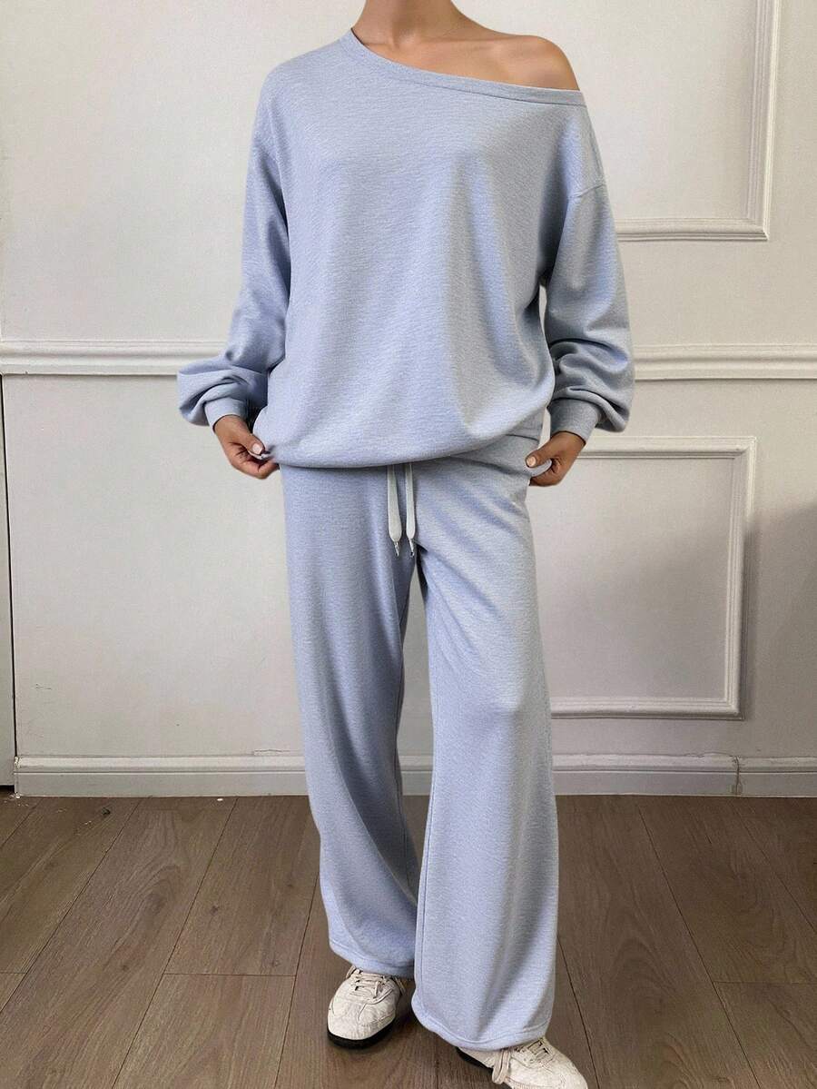 Livesso Women Oblique Shoulder Long Sleeve Sweatshirt & High Waist Drawstring Wide Leg Casual Pants Two Pieces Set, Early Autumn,Fall Women Clothes Lounge Sets For Women - Grey - View 1
