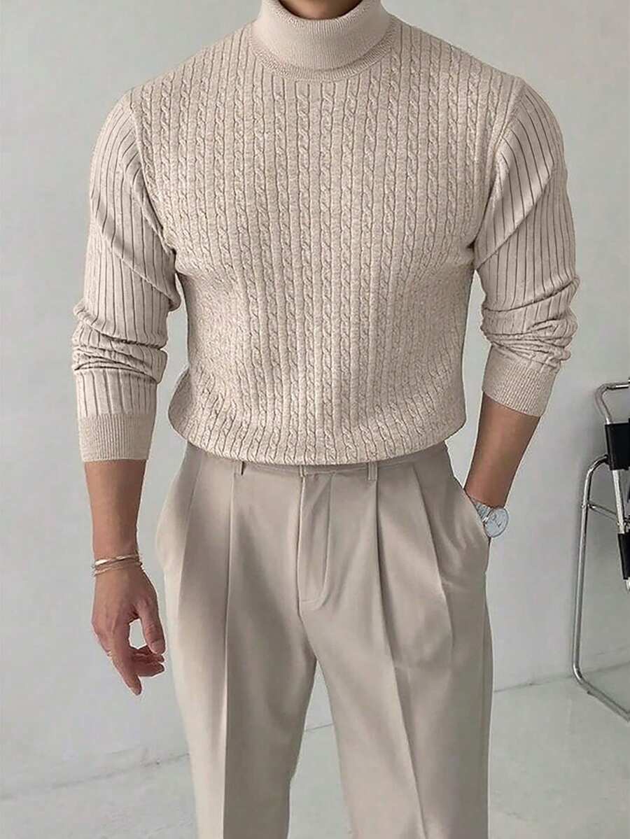 男士时尚百搭纯色扭花高领长袖修身毛衣，秋冬款 - 杏色 - 查看 1