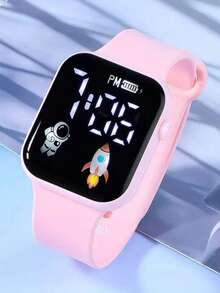 6/1pc Girls Cartoon Heart-Shaped Square Digital Watch + Necklace Bracelet Earrings Ring Jewelry Set Halloween Gift Christmas Gift Birthday Gift