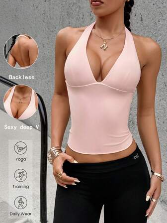 Aoqta 运动女士性感修身露背深V领吊带背心，适合瑜伽、健身、跑步等运动