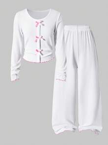 Sweet Girl Solid Color Bow Girl Home Set, Fashionable And Elegant Crew Neck Long-Sleeved Slacks Two Pieces Set, Very Suitable For Spring And Autumn Winter Home Daily Wear - White - View 2