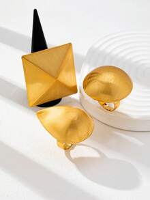 3 件镀金几何个性戒指套装 - 超大夸张粗戒指珠宝适合日常佩戴、派对 - 金色 - 查看 4