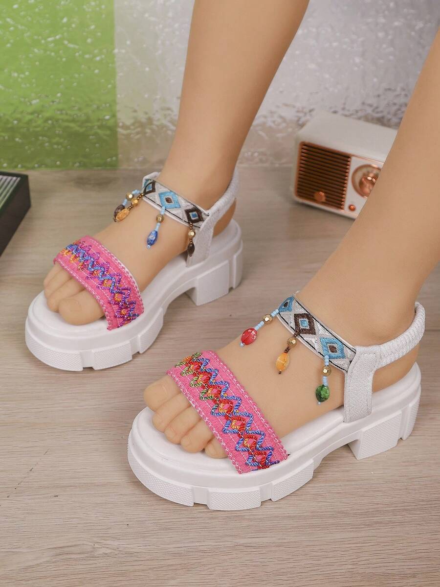 Summer New Girls Fashion Flat Sandals, Bowknot Decor Sweet & Cute Thick Sole, Suitable For Children Outdoor Play & Vacation - 粉色 - 查看 1
