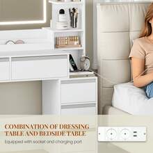 HEXCELEN Dressing Table With Large Mirror, Vanity Table And Hairdryer Holder, 8 Drawers, Open Compartments, 40 * 135 * 145.2 Cm, Modern White And Silver Dressing Table - 查看 7