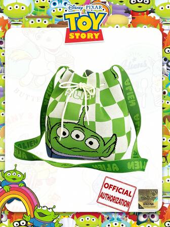 Cartoon Alien Print Drawstring Bucket Shoulder Bag, Foldable Design Bucket Bag, Suitable For Daily Shopping, Casual Wear, Parties And Festivals As Gift For Friends