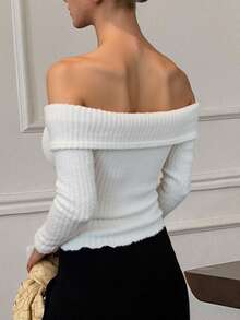 Livesso Women's Off-Shoulder Long Sleeve Fuzzy Fitted T-Shirt,Fall Clothes - White - View 6