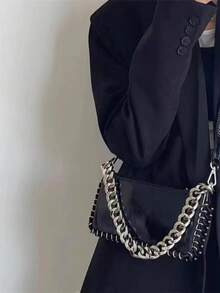 Túi đeo vai dây xích cá tính, cổ điển, đơn giản và đa năng, màu trơn thanh lịch, phong cách nước ngoài, nhẹ, dây đeo vai có thể điều chỉnh, phù hợp cho dạo phố, chụp ảnh, dự tiệc, đi làm và mua sắm. - màu đen - Xem 5