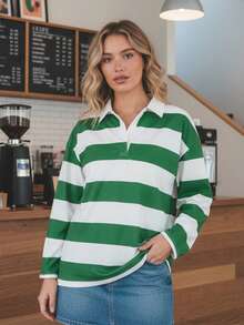 Women Striped Oversized T-Shirts Casual Loose Lapel V Neck Long Sleeve Tops  Fall Streetwear - màu xanh lá - Xem 4