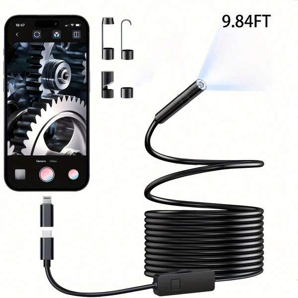 Endoscopic Camera With Light, HD Endoscopic Camera With 8 Adjustable LED Lights, Semi-Rigid Cable 3.28/9.84 Feet, Compatible With IOS, Type-C, Tools, Gift.