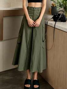 2025秋冬时尚日常户外街头通勤复古风多口袋拉链女裙，休闲日常穿着，适合冬季、圣诞节、新年派对、优雅女士装扮、夏季、情人节，绿色裙子 - 軍綠色 - 查看 4