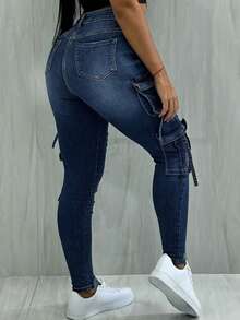 Denim de Brim Forrado com Forro Quente Estilo Y2K - Design Curto de Streetwear com Múltiplos Bolsos com Abas