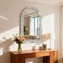 UNHO Łukowe Lustro Ścienne 90*60 cm, Błyszczące Lustro z Kryształami, Dekoracyjne do Salonu, Sypialni, Holu lub Łazienki – Srebrne - Srebro - Zobacz 1