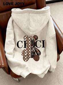 Sudadera con capucha casual de mujer LOVE JOYY con estampado de oso y letras, de manga caída, para otoño/invierno