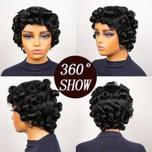 10英寸女士蓬松卷曲真人发假发，层次感卷曲波浪波波头，弹性卷曲精灵短发，巴西原生发假发，带刘海，适合日常佩戴、派对、节日、万圣节和圣诞节等场合。 - Natural Black - 查看 12