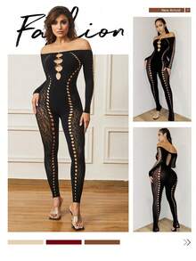 Women High Elastic Black Off-Shoulder Mesh Hollow Bodycon Jumpsuit - màu đen - Xem 2