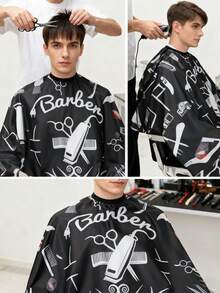 1件专业大号理发披肩 - 含按扣、剪刀和梳子图案，男女通用成人黑色美发沙龙披肩；男士防水美发披肩 - 黑與白 - 查看 2