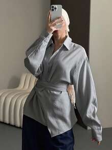 DAZY 女士半开襟侧系带套头衫休闲优雅长袖上衣 - 藍色 - 查看 3