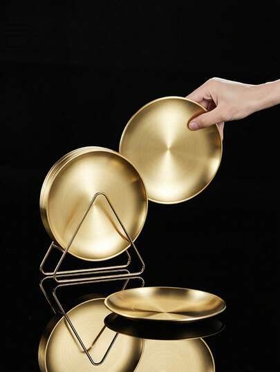 4/6/10pcs Set Stainless Steel Gold-Tone Korean BBQ Grill Plate With Dividers - Multipurpose Sectioned Grilling Tray For Sauces And Snacks - Great For Family Gatherings, Outdoor Camping, Party Tableware