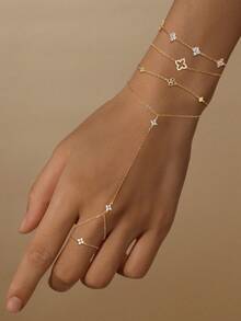 1件925纯银极简四叶草立方氧化锆可调节指环手链，低过敏纯银材质，适合女性日常佩戴、约会、度假、婚礼、派对、节日礼物 - 金色 - 查看 2