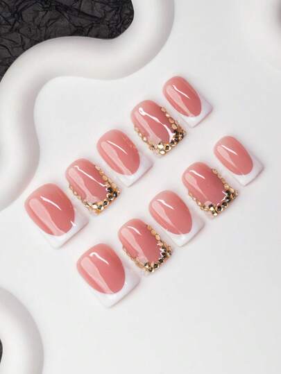 10pcs Square Shaped Handmade Nail Tips, Y2K Baddie Style, Nude & White Color With French Tips, Rhinestones, Floral Decor, Suitable For Parties, Weddings, Daily Wear, Includes Nail Tools, Great Gift For Women & Girls