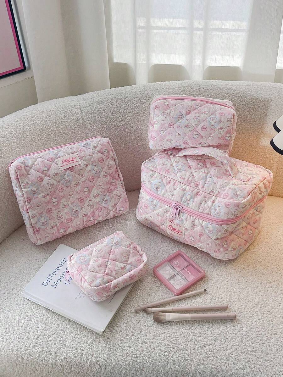 1 chiếc túi đựng mỹ phẩm chần bông họa tiết nơ hình cún con kẻ caro hồng, túi trang điểm có khóa kéo dung tích lớn, túi đựng đồ dùng du lịch tiện dụng cho băng vệ sinh, chìa khóa, điện thoại, sạc, son môi, mỹ phẩm, nước hoa, cọ trang điểm, món quà lý tưởng cho phụ nữ, bé gái, sinh viên, sinh nhật, bạn bè. - Hồng - Xem 1