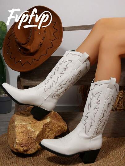 FVPFVP 2024 Nuevas botas vaqueras de punta afilada de cuero genuino para otoño, botas altas de estilo occidental retro para mujeres