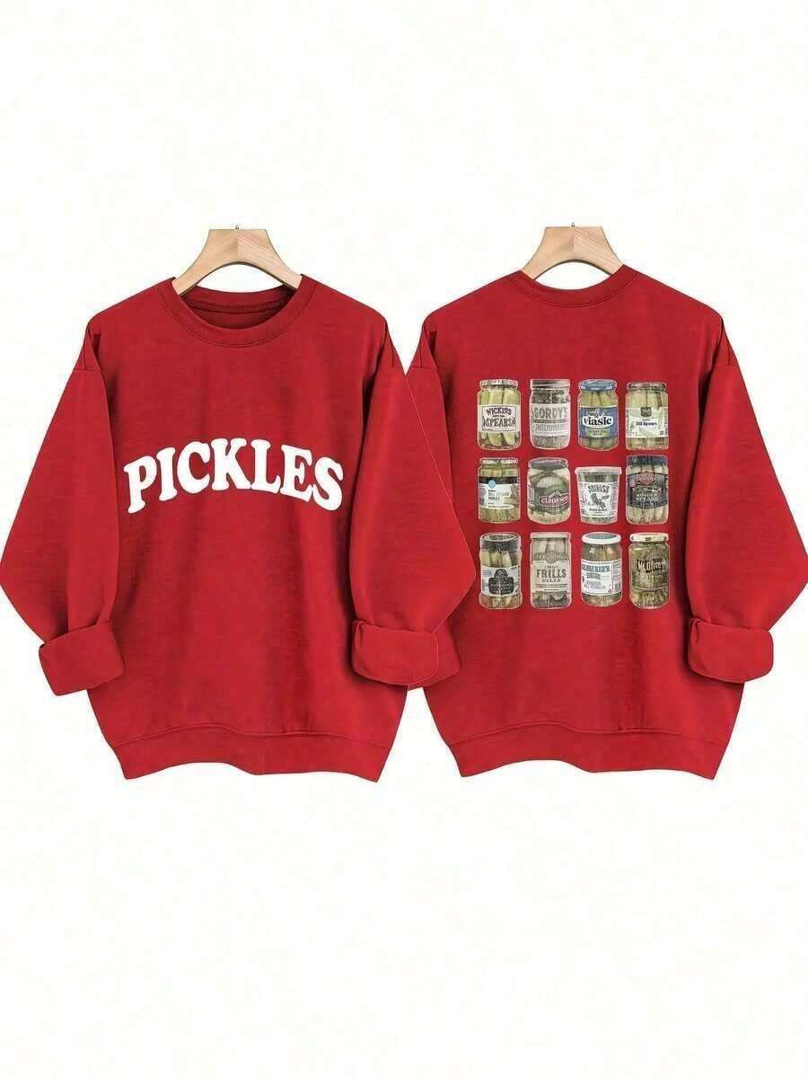 [Olive Green Sweatshirt] Soft Olive Green Crewneck Sweatshirt |       PICKLES Letter Print & Pickle Jar Graphic - Mid-Stretch Fabric, Machine Washable, Casual All-Season Comfortchristmas Outfit Women-Unisex, Comfortable Vintage Cotton Washed T-Shirt - 紅色 - 查看 1