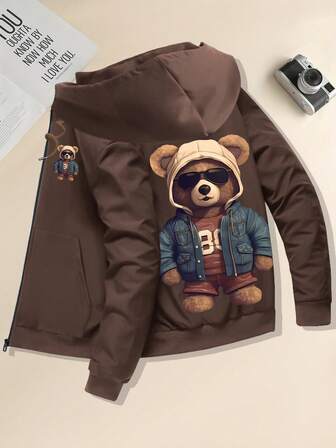 Frühlings-/Herbst-Neuheit Herren Jacke & einzigartiger Muster im europäischen & amerikanischen Retro- & süßen Design mit Sonnenbrille Bär Muster Reißverschlusstaschen für Reisen & Urlaub Outdoor & Camping Herrenbekleidung