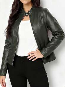 Jaket Kulit PU Wanita Kasual Modis Warna Polos Lengan Panjang Gaya Motor dengan Resleting, Cocok untuk Musim Semi, Gugur, dan Musim Dingin - Olive Green - View 3