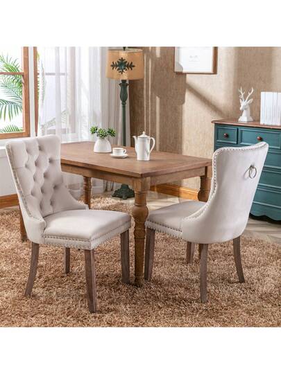 Moderne Dining Chairs, Premium Plush Solid Wood, Contemporary Fluwelen Upholstered Chairs Studded Head Set Of 2, Beige, Black, Grijs Available.