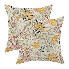 Spring Yellow Green Floral Pillow Covers 18x18 Inch Set Of 2, Cute Flower Pattern Outdoor Decorative Wildflowers Throw Pillows Colourful Couch Cushion Case For Chair Sofa Bedroom Living Room,18inchx18inch(Packof2),OrangeGreen - 橘綠色 - 查看 1