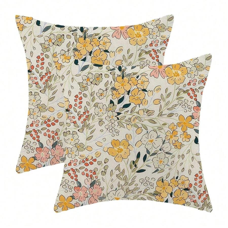 Spring Yellow Green Floral Pillow Covers 18x18 Inch Set Of 2, Cute Flower Pattern Outdoor Decorative Wildflowers Throw Pillows Colourful Couch Cushion Case For Chair Sofa Bedroom Living Room,18inchx18inch(Packof2),OrangeGreen - 橘綠色 - 查看 1